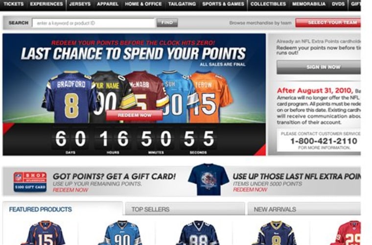 This screen grab from www.nflextrapoints.com shows an advertisement reminding people to use their extra points on NFL branded credit cards.